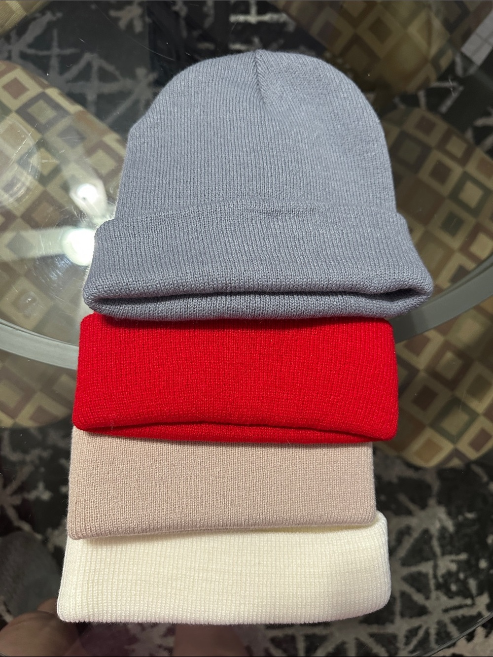 Women’s Ribbed Fold-Over Beanie Hat - Gray, Red, Blush & Cream